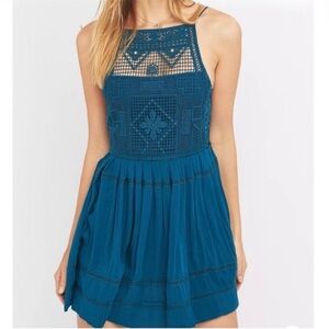 Free People Teal Embroidered Skater Dress